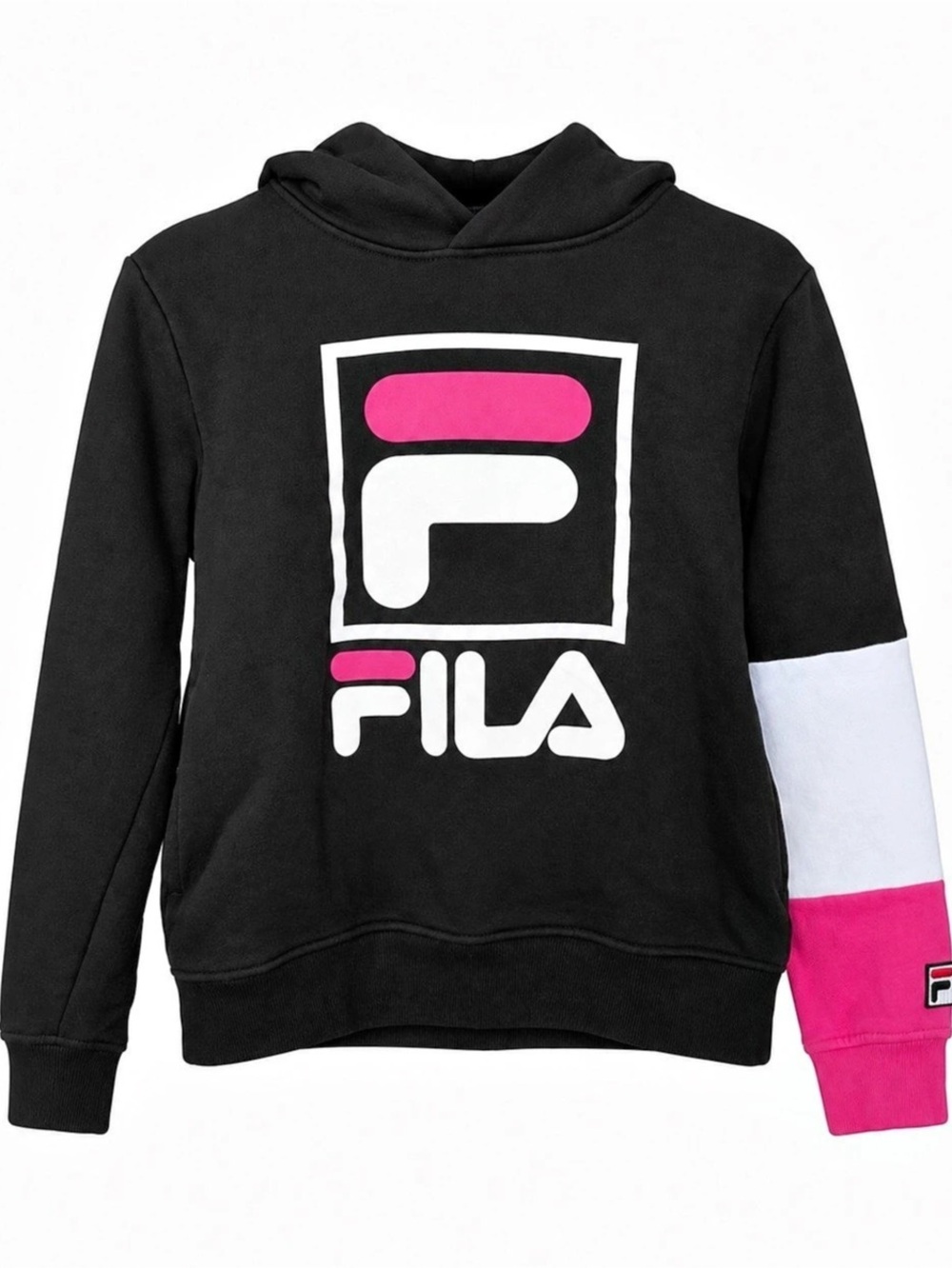 FILA Black Pink White Colorblock Logo Hoodie Size M